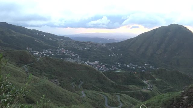 4K View from TeaPot Mountain Jinguashi town with sundown in  New Taipei City, Jiufen Old Street, Jishan Ruifang District, Attractions in Xinbei, Taiwan-Dan