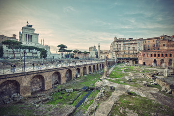 Obraz premium Ancient Trajan's Market, ruins at Via dei Fori Imperiali, Rome, Italy, Europe, Vintage filtered style