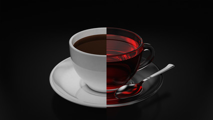 Cup of tea and coffee collage side by side on dark background