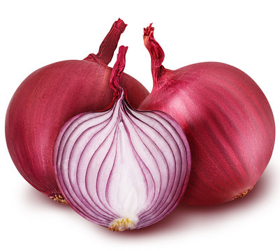 three bulb sliced red onion set isolated on white background