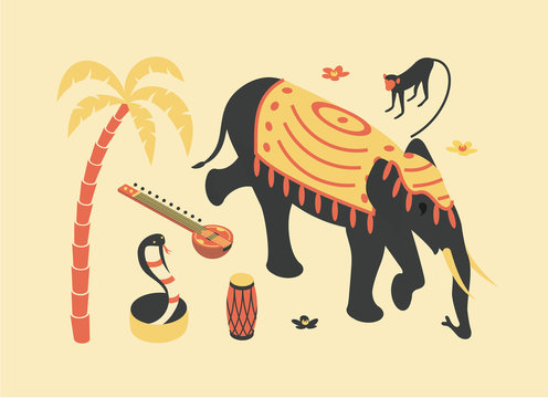 indian elephant with monkey, snake, palm tree clip art preview