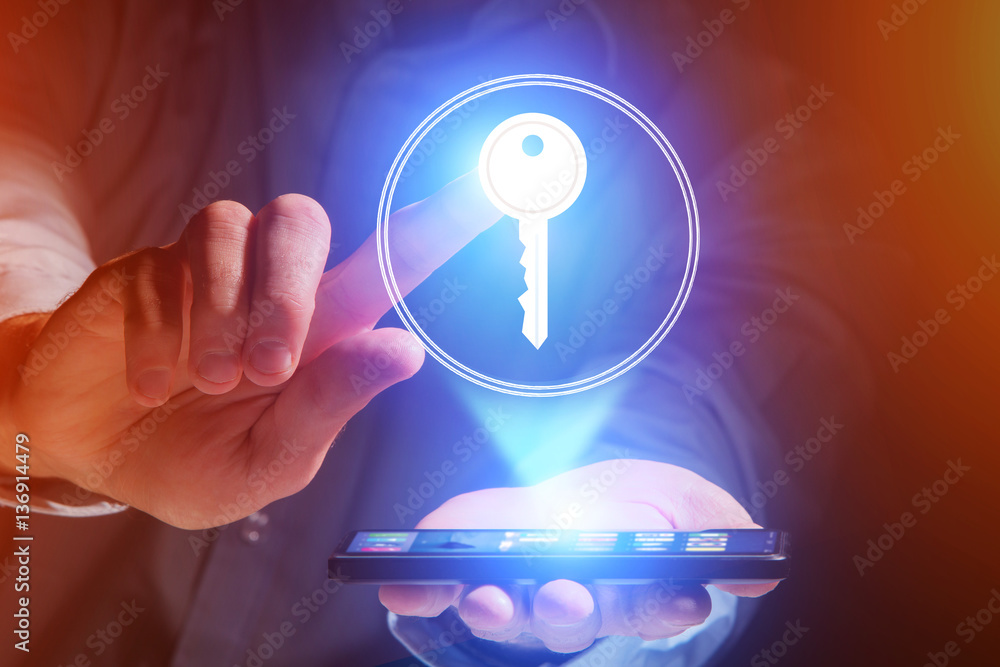 Poster property concept with a key icon on an internet application - te