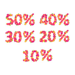 Set of different discount signs made of flowers.