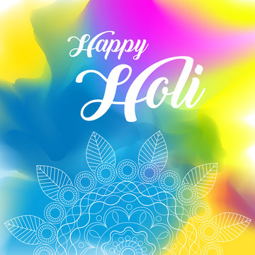 Happy Holi greeting vector background concept design element with realistic volumetric colorful Holi powder paint clouds and sample text. Blue, yellow, pink and violet powder paint.