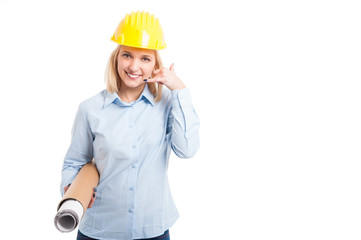 Female architect holding blueprints showing call me
