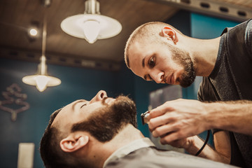 Obraz na płótnie Canvas Professional Master hairdresser cuts client beard.
