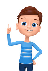Happy boy points his finger up on a white background. 3d render