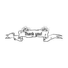 Hand drawn ribbon banner with phrase Thank you isolated on white background