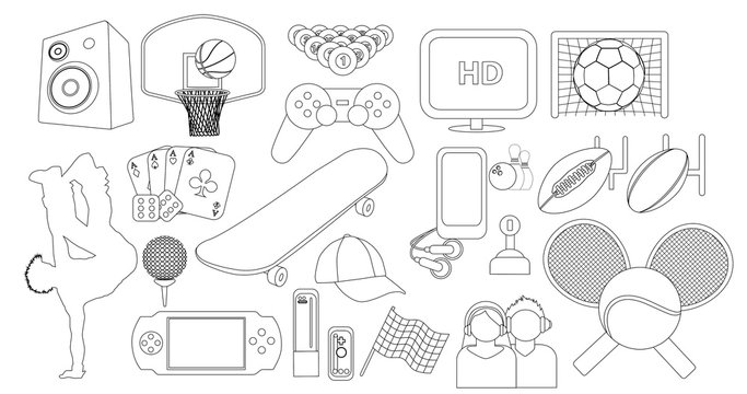 Entertainment hobbies and leisure activities thin line icon set