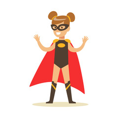 Girl Pretending To Have Super Powers Dressed In Black Superhero Costume With Red Cape And Mask Smiling Character