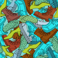 Vector seamless pattern. Different doodle shoes.