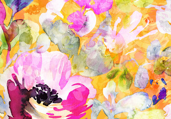 Abstract watercolor background with flowers handmade greeting ca