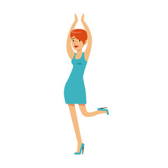 Girl With Short Hair In Blue Dress Dancing On Dancefloor, Part Of People At The Night Club Series Of Vector Illustrations