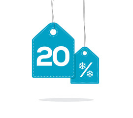 Obraz na płótnie Canvas Blue hanging price tag labels with 20% and snowflake percent design texts on them and with shadow isolated on white background. For winter sale campaigns.