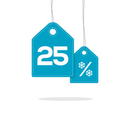 Obraz na płótnie Canvas Blue hanging price tag labels with 25% and snowflake percent design texts on them and with shadow isolated on white background. For winter sale campaigns.
