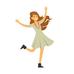 Cute Girl In Grey Dress Dancing On Dancefloor, Part Of People At The Night Club Series Of Vector Illustrations