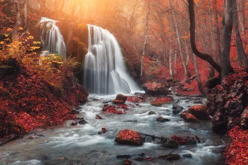 Foto auf Acrylglas Wasserfall. Bunte Landschaft mit schönem Wasserfall am Bergfluss im Wald mit rotem Laub bei Sonnenuntergang im Herbst. Bäume mit roten Blättern. Steine mit Moos im Wasser. Verschwommenes Wasser. Natur © den-belitsky