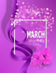 8 March Women's Day  banner with silk eight shaped ribbon, flowers and white frame . Vector illustration