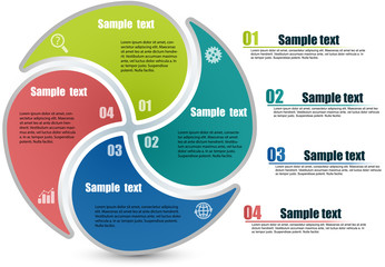 Circle infographic template with 4 steps. Parts of the chart  with icons and numbers. Titles and inscriptions steps separate in right side. For presentation and design concept. Vector illustration.	