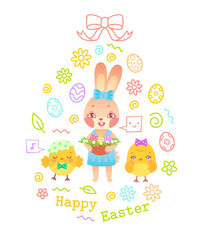 Egg shaped easter greeting card with bunny girl holding basket and chicks. Vector illustration for kids on white background for print, party decoration, label etc.