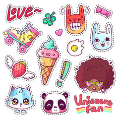 Colorful vector patch badges with animals, characters and things. Hand-drawn stickers, pins in cartoon 80s-90s comics style. Set with african woman, angry bunny, adorable kitten, etc.