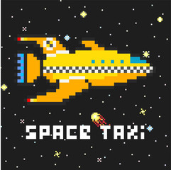 Hand drawn yellow taxi spaceship flying in space among the stars - 136919400