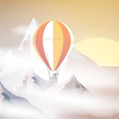 Obraz premium Hot Air Balloon Near Mountain Tops with Clouds - Vector Illustra