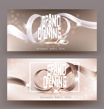Grand opening banners with curly satin beige ribbons and scissors. Vector illustration