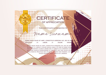 Qualification Certificate of appreciation, geometrical design. Elegant luxury and modern pattern, best quality award template with white and golden tapes, shapes, badge. Vector illustration