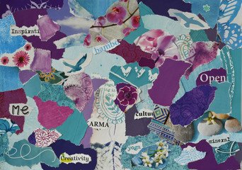 Creative Atmosphere art mood board collage sheet in color idea  blue ,green, pink, purple,aqua and...