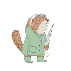 Beaver in coat and hat with umbrella go for a walk © Kateryna
