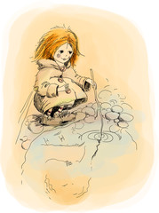 red-haired girl and puddle