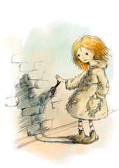 red-haired girl in an old coat looks at his shadow