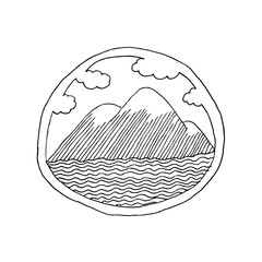 Vector sketch logo of mountains with river or sea