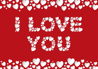 I Love You letters flat lay with white vector paper hearts on red background