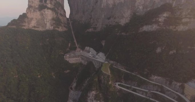 Aerial view of Heaven Gate at the Heavenly Mountain. Zhangjiajie mountains in Hunan province, China