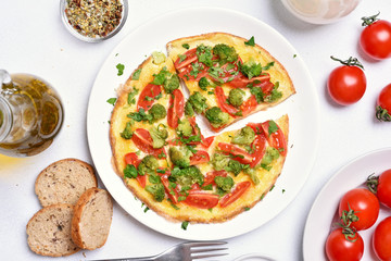 Breakfast, fried eggs with vegetables