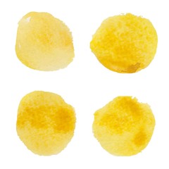 Yellow watercolor stains with rough strokes, stroke brush and the paint texture.