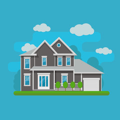 The flat picture with the image of the house with the garage and trees. Suburban american house. Country cottage. Family home. Flat design vector illustration.