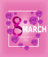 Naklejka premium Women's Day greeting card with eight shaped ribbon, roses and frame. Vector illustration