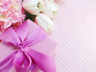 present gift box and flowers artificial bouquet