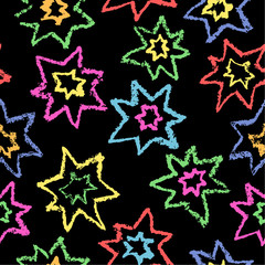 Wax crayon like kid`s drawn colorful stars on black. Seamless pattern background, vector. Like child`s drawn color pastel chalk design elements. Set of like kid`s painting objects