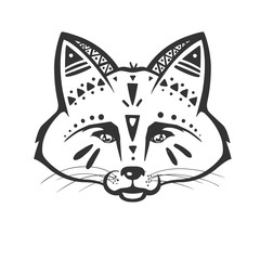 Vector illustration with cute fox head with decorative tribal ornaments. Fox boho mascot isolated on white.
