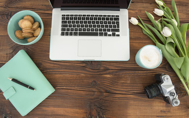 view of the desk with mint accessories