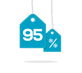Obraz na płótnie Canvas Blue hanging price tag labels with 95% and snowflake percent design texts on them and with shadow isolated on white background. For winter sale campaigns.