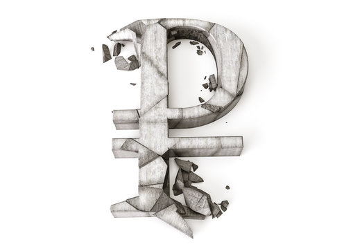 The exchange rate of russian ruble fell. 3D render image of destroyed concrete dollar sign.