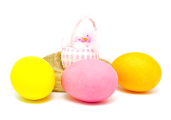 Colorful Easter eggs and little chick