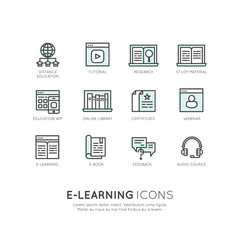 Vector Icon Style Logo Set of E-learning services, online education, support, webinar, presenatation, e-book, certificate, feedback, Isolated Linear Design Collection