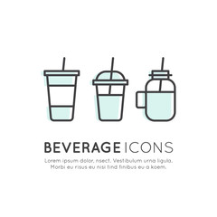 Vector Icon Style Logo Set of Smoothie, Hot Drink, Coggee, Chocolate, Tea, Soft Drink, Juice, Water in Jar, Plastic Cup, Papaer Cup, Isolated Linear Design Collection