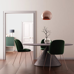 Interior art deco with a table and lamp. 3d rendering, 3d illustration